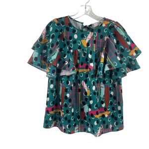 Crosby by Mollie Burch Turquoise Polka Dot Print Ruffled Sleeves Blouse Womens S